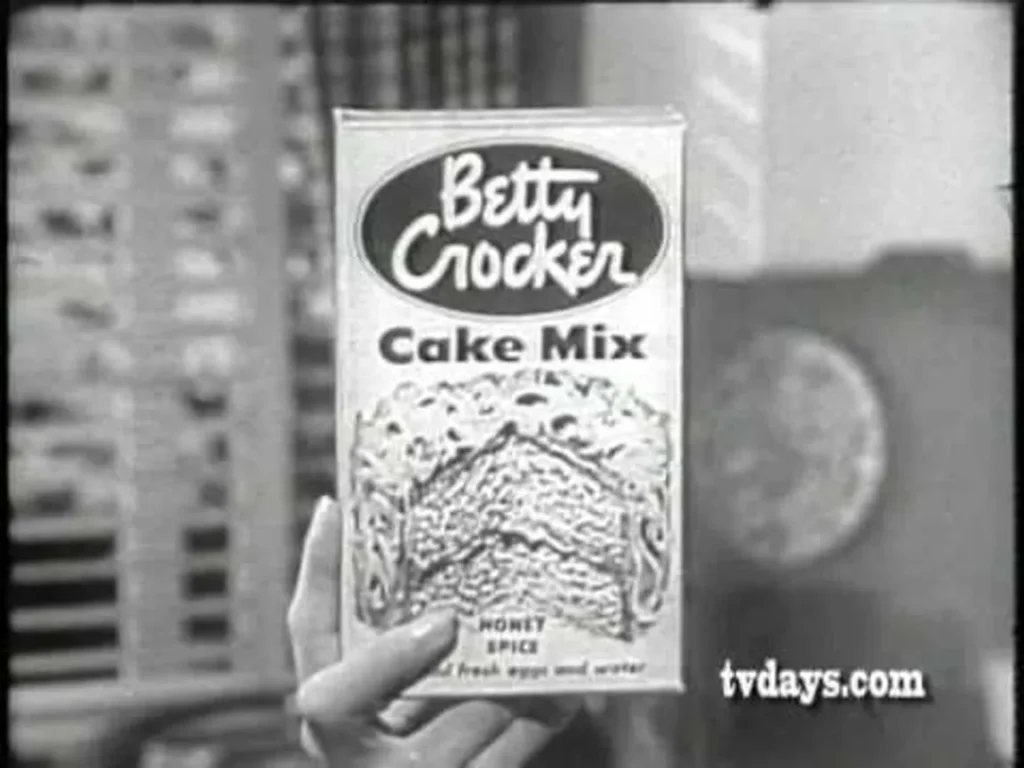An old picture of Betty Crocker cake mix, in black and white, from the 1940s or 1950s.