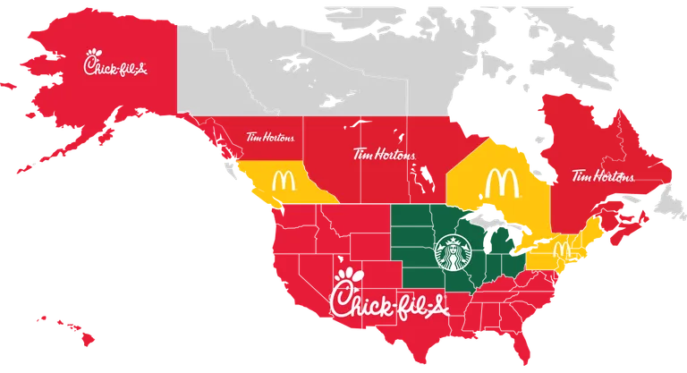 Map of Most popular QSR brands in the USA and Canada