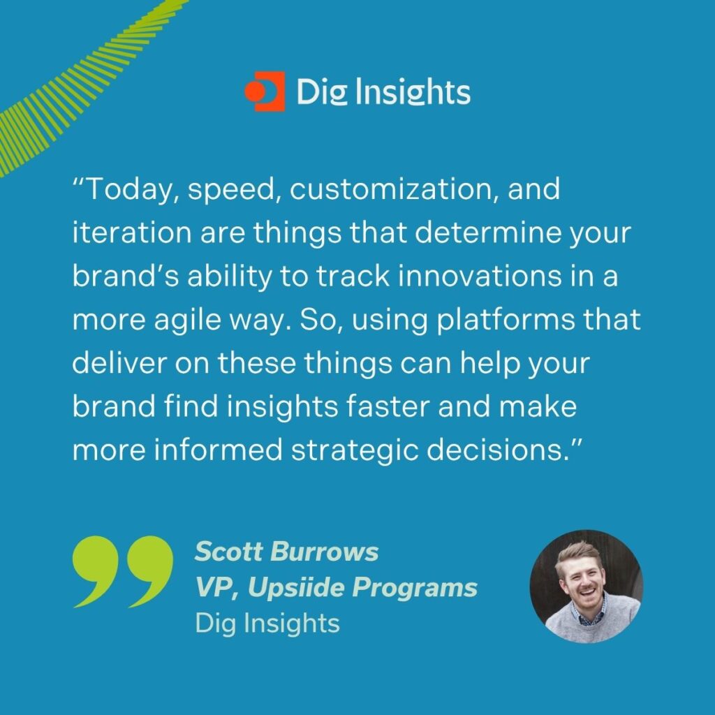 “Today, speed, customization, and iteration are things that determine your brand’s ability to track innovations in a more agile way. So, using platforms that deliver on these things can help your brand find insights faster and make more informed strategic decisions.”
Scott Burrows, VP, Upsiide Programs at Dig Insights